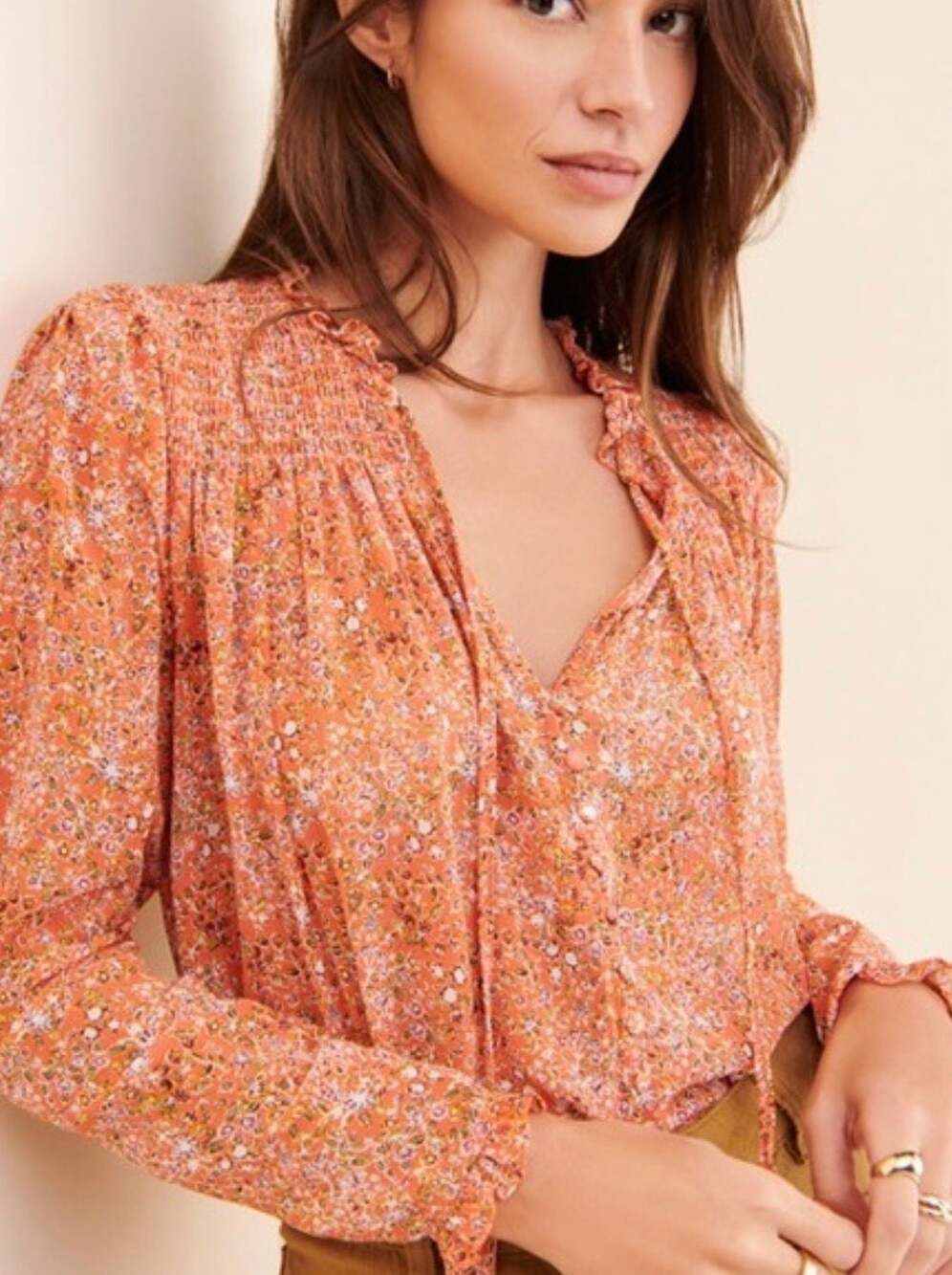 Free People Lela Blouse in Coral Combo Floral Chiffon Top Medium